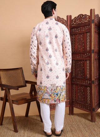 Men Pink Cotton Kurta Mens Wear with Print Work