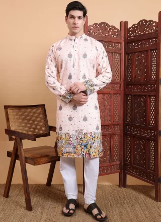 Men Pink Cotton Kurta Mens Wear with Print Work
