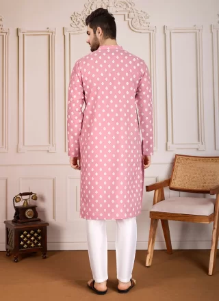 Men Pink Cotton Print Work Kurta Pyjama