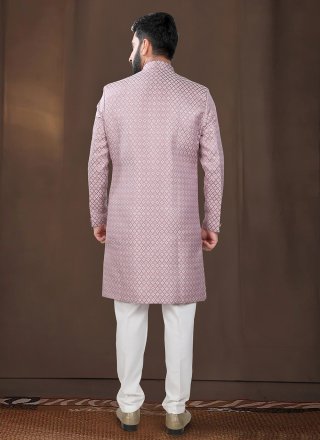 Men Pink Jacquard Woven Work Indo Western