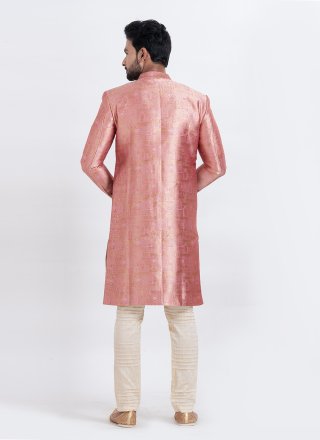 Men Pink Silk Jacquard Work Indo Western
