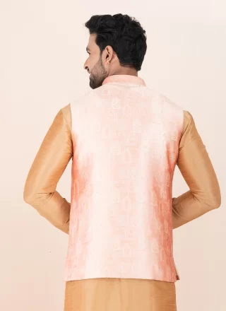 Men Pink Silk Jacquard Work Nehru Jackets