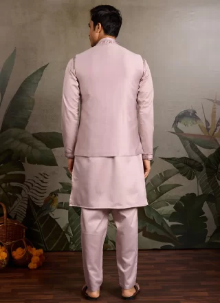 Men Pink Silk Kurta Payjama with Jacket with Embroidered, Mirror and Sequins Work