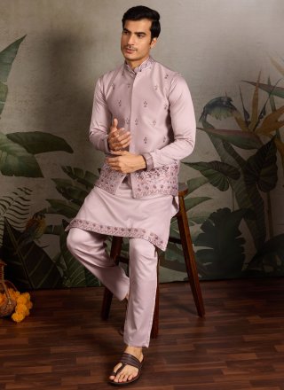 Men Pink Silk Kurta Payjama with Jacket with Embroidered, Mirror and Sequins Work