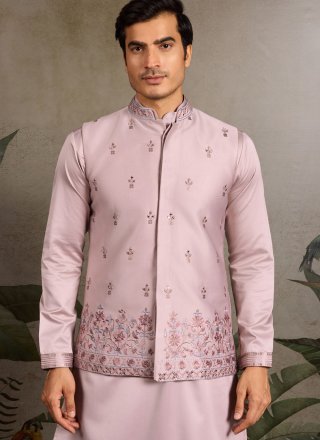 Men Pink Silk Kurta Payjama with Jacket with Embroidered, Mirror and Sequins Work