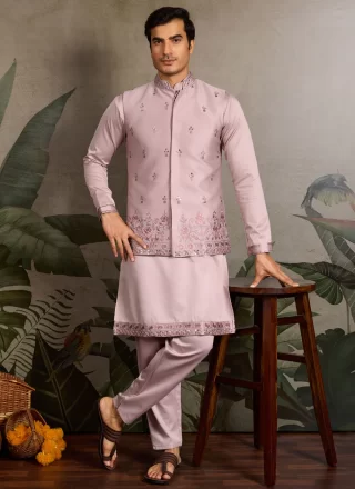 Men Pink Silk Kurta Payjama with Jacket with Embroidered, Mirror and Sequins Work