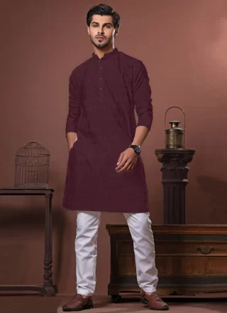 Men Purple Cotton Fancy Work Kurta Pyjama
