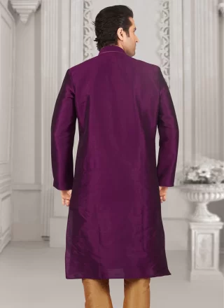 Men Purple Dupion Silk Embroidered Work Kurta Pyjama