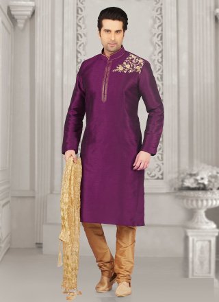 Men Purple Dupion Silk Embroidered Work Kurta Pyjama