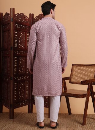 Men Purple Rayon Kurta Pyjama with Chikankari and Embroidered Work