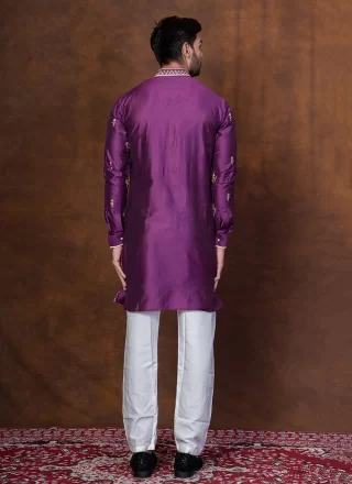 Men Purple Silk Blend Embroidered Work Kurta Pyjama