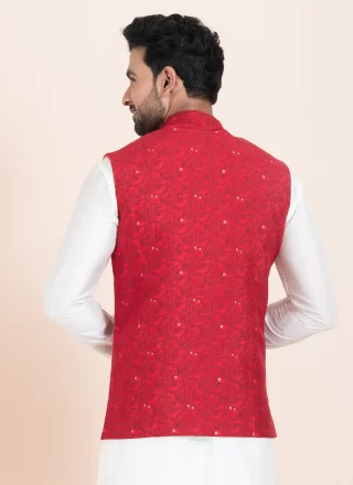 Men Red Cotton Jacquard Work Nehru Jackets