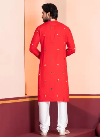Men Red Rayon Kurta Pyjama with Embroidered and Lace Work