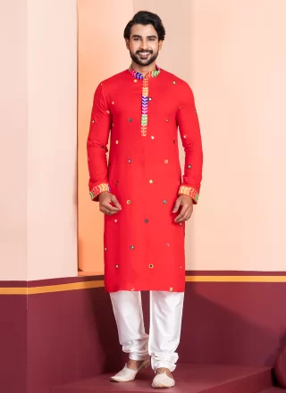 Men Red Rayon Kurta Pyjama with Embroidered and Lace Work