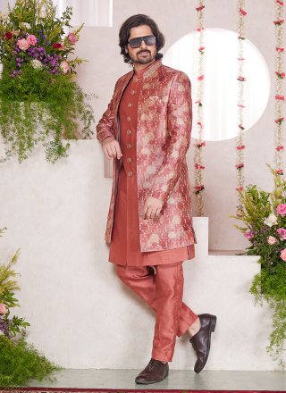 Men Rust Silk Embroidered Work Indo Western