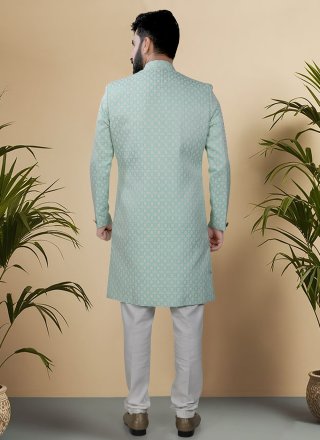 Men Sea Green Jacquard Woven Work Indo Western