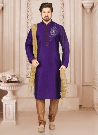 Men Violet Dupion Silk Kurta Pyjama with Embroidered Work