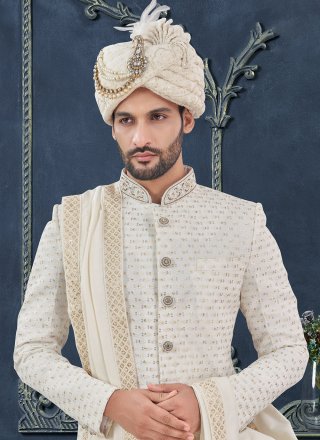 Men White Georgette Hand Work Sherwani Mens Wear