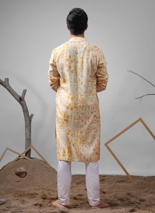 Men White Modal Fancy and Print Work Kurta Pyjama