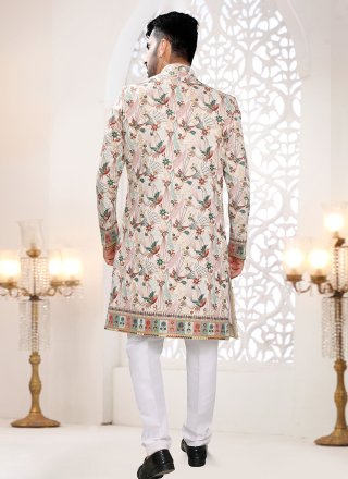 Men White Silk Embroidered, Sequins and Thread Work Indo Western