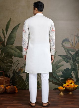 Men White Silk Embroidered Work Kurta Mens Wear