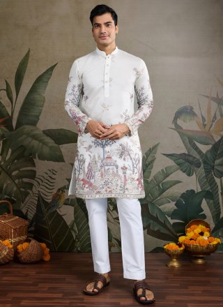 Men White Silk Embroidered Work Kurta Mens Wear