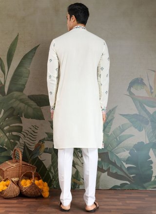 Men White Silk Kurta Mens Wear with Embroidered Work