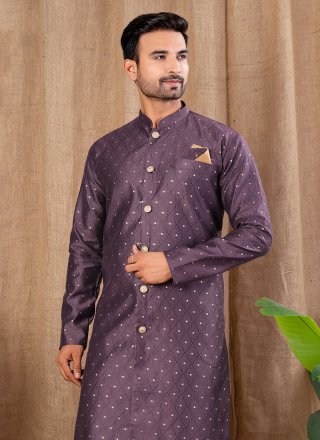 Men Wine Jacquard Indo Western with Buttons Work