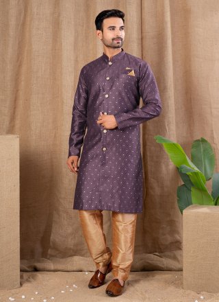 Men Wine Jacquard Indo Western with Buttons Work