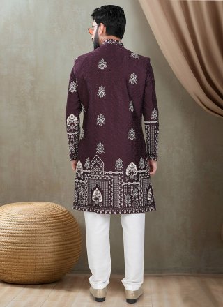Men Wine Silk Embroidered, Sequins and Thread Work Indo Western