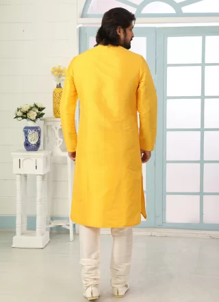 Men Yellow Dupion Silk Embroidered Work Kurta Pyjama