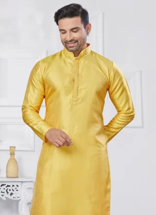 Men Yellow Jacquard Silk Weaving Work Kurta Pyjama