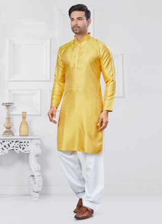 Men Yellow Jacquard Silk Weaving Work Kurta Pyjama