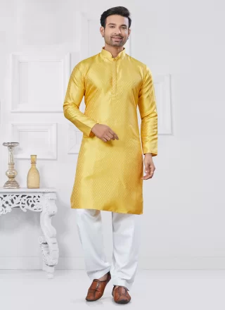 Men Yellow Jacquard Silk Weaving Work Kurta Pyjama