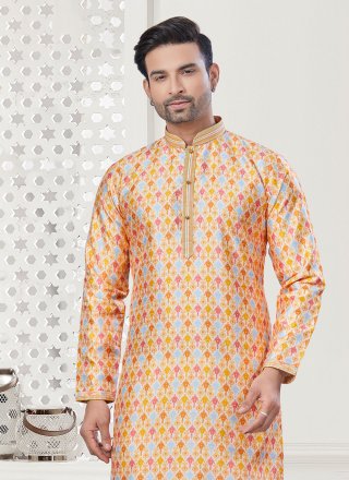Men Yellow Silk Digital Print Work Kurta Pyjama
