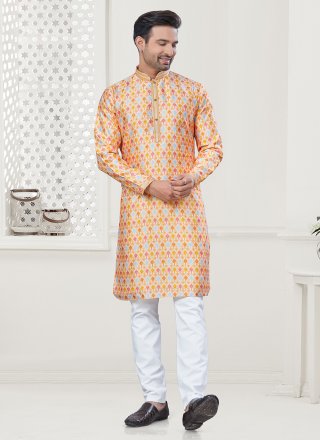 Men Yellow Silk Digital Print Work Kurta Pyjama