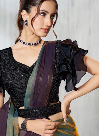 Mesmeric Wine Satin Silk Contemporary Saree with Beads and Patch Border Work