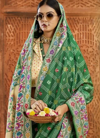 Mesmerizing Green Silk Traditional Saree with Print Work