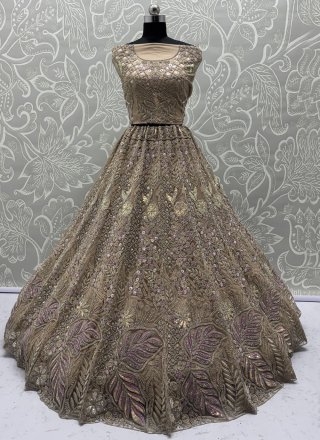Miraculous Beige and Brown Net Lehenga Choli with Diamond, Dori, Embroidered, Fancy, Multi, Sequins, Thread and Zircon Work