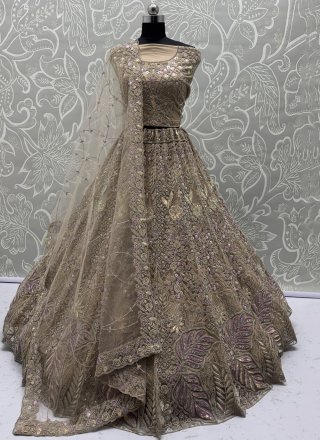 Miraculous Beige and Brown Net Lehenga Choli with Diamond, Dori, Embroidered, Fancy, Multi, Sequins, Thread and Zircon Work