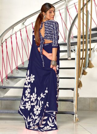 Miraculous Blue Soft Cotton Classic Sari with Foliage Print Work