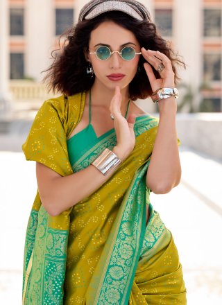 Miraculous Green and Mustard Silk Classic Saree with Foil Print and Weaving Work