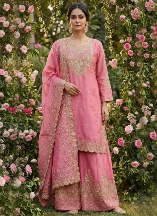 Miraculous Pink Silk Palazzo Salwar Suit with Embroidered Work