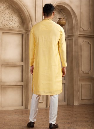 Mirror and Plain Work Art Banarasi Silk Kurta Pyjama In Yellow Color