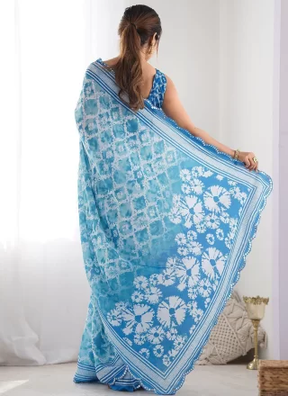 Mirror and Print Work Georgette Designer Sari In Blue for Casual