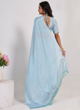 Mirror and Swarovski Work Chinon Bollywood Saree In Blue for Ceremonial