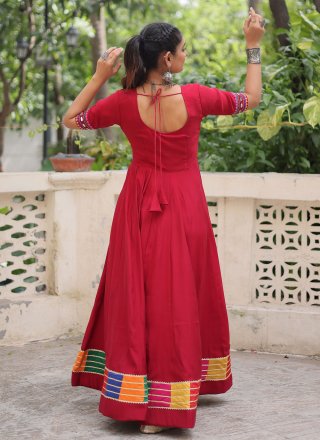 Mirror and Thread Work Silk Gown In Rani and Red