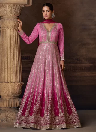 Mirror, Thread and Zari Work Chinon  Designer Gown In Pink and Rani for Engagement
