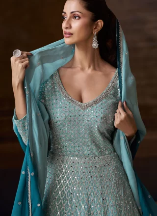 Mirror, Thread and Zari Work Chinon Gown In Blue Color