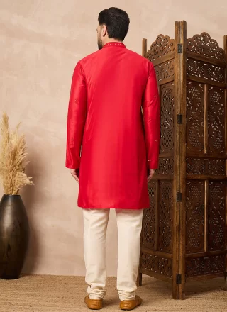 Mirror Work Blended Cotton Kurta Pyjama In Red
